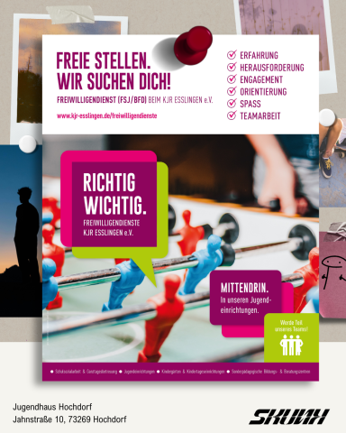 Auf einer Pinnwand mit Bildern von Sonnenuntergang und Schatten im Hintergrund ist groß zu sehen ein Flyer mit dem Titel "Freie Stellen. Wir suchen dich - Freiwilligendienst (FSJ / BFD) beim KJR Esslingen e.V." mit einem Bild von einem Tischkicker.