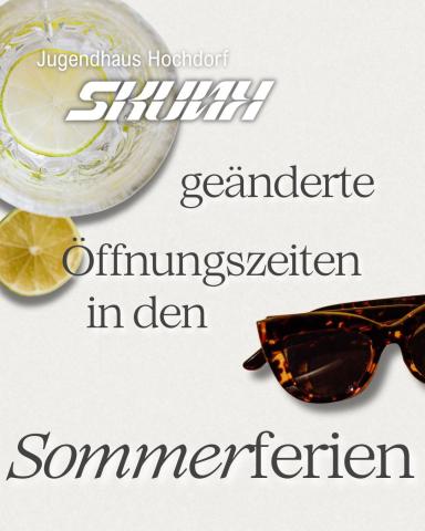 Text "Geänderte Öffnungszeiten in den Sommerferien" mit Fotos von einem Glas Wasser mit Zitrone und einer Sonnenbrille