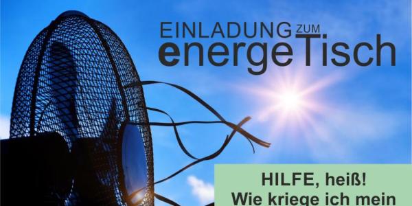 Bild zeigt Ventilator vor strahlender Sonne mit blauem Himmel und Motto der Veranstaltung.